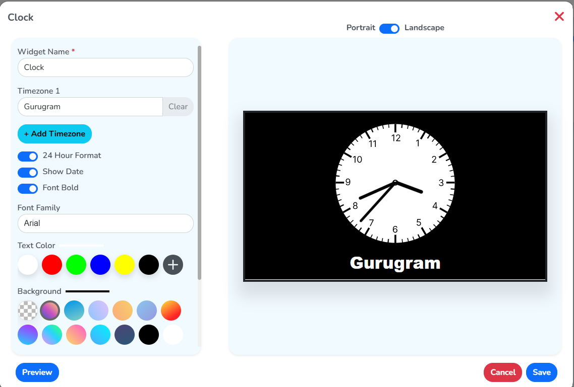 The Add New window for a Clock widget, with the timezone and display options on the left and the clock preview on the right