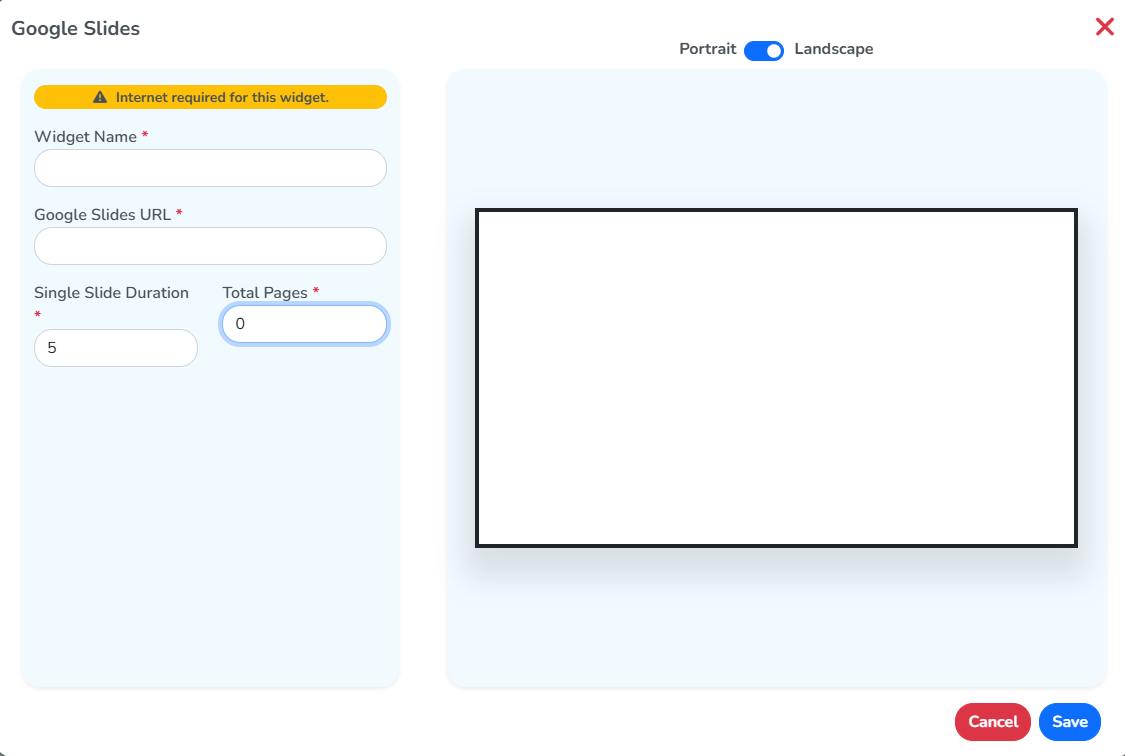 The Add New window for a Google Slides widget, with the name, URL, slide duration and total pages fields