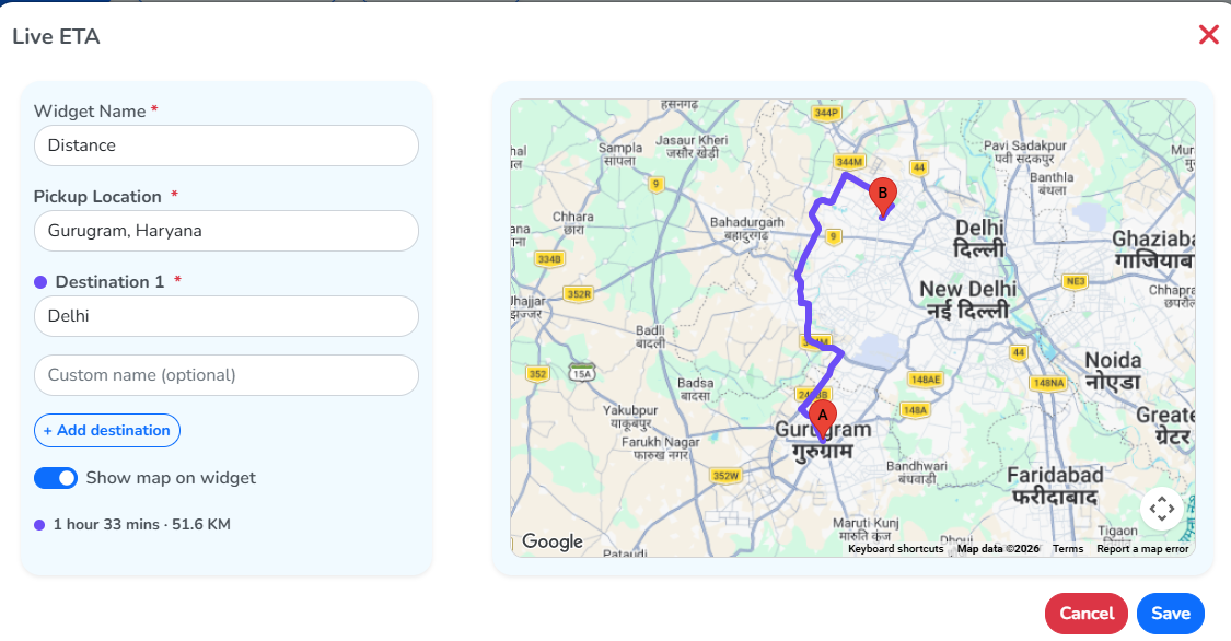 The Add New window for a Live ETA widget, with the pickup and destination fields on the left and the route on a map on the right