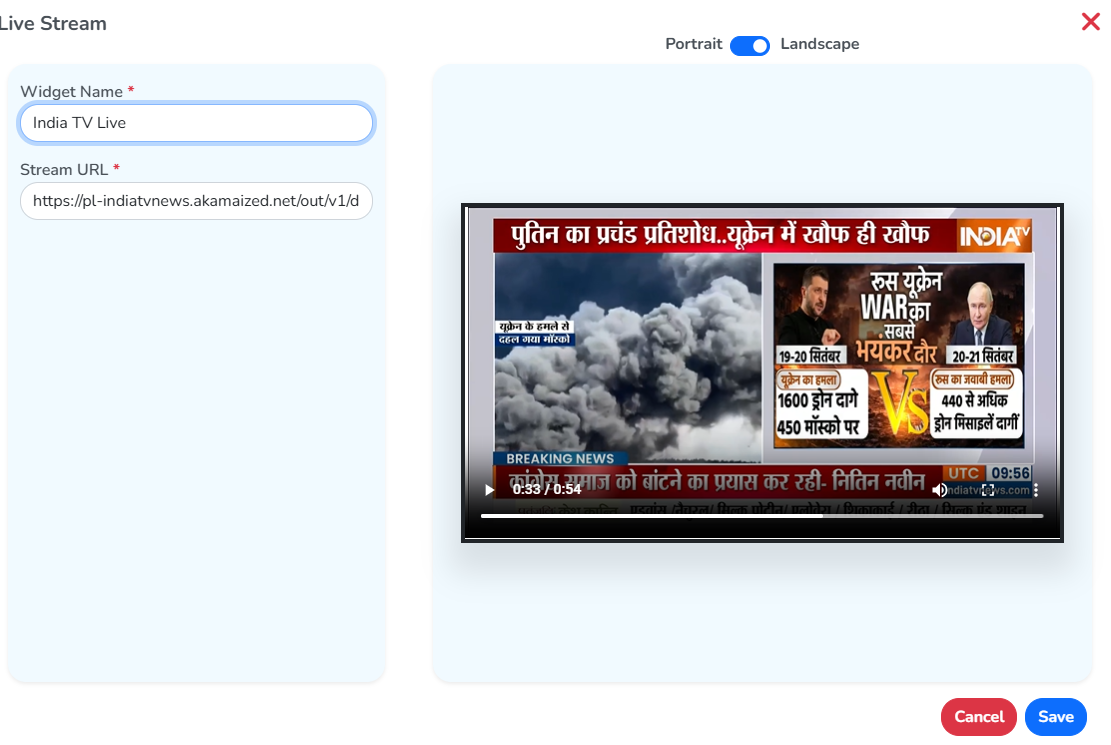 The Add New window for a Live Stream widget, with the name and stream URL on the left and the live preview on the right