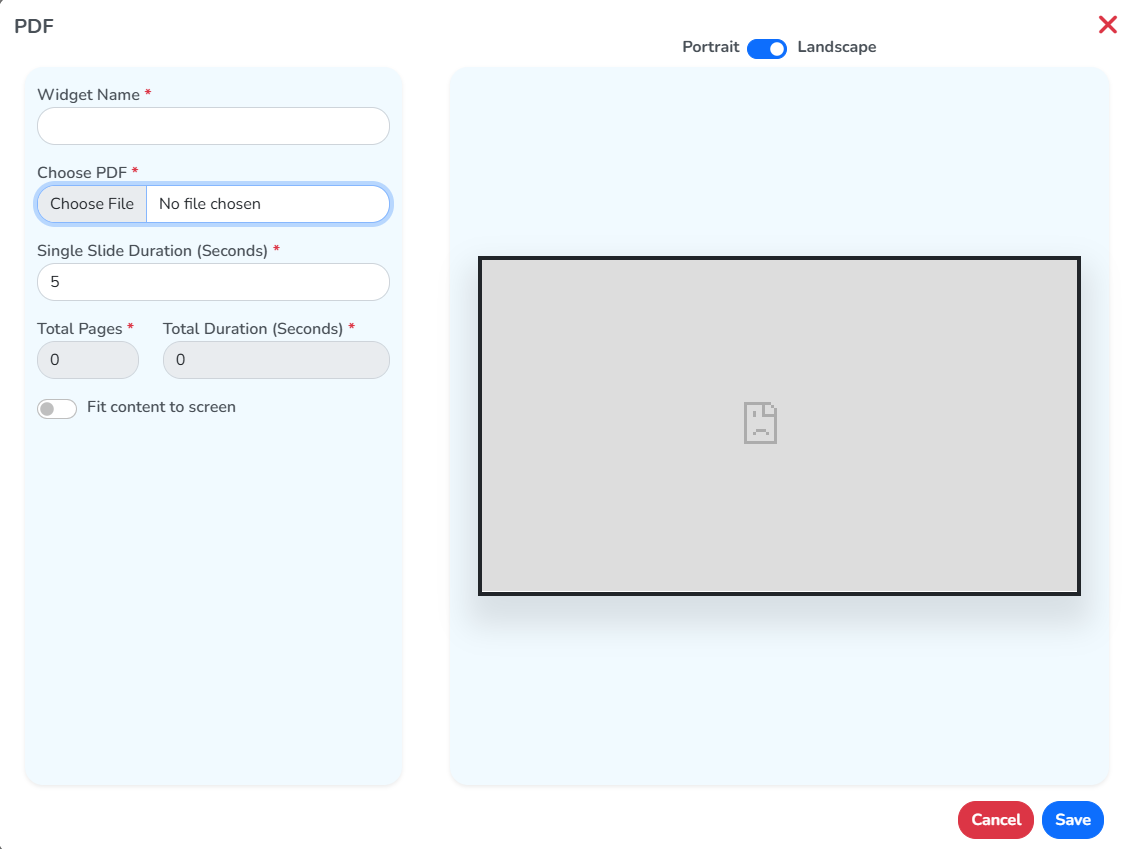 The Add New window for a PDF widget, with the name, file picker and duration fields on the left