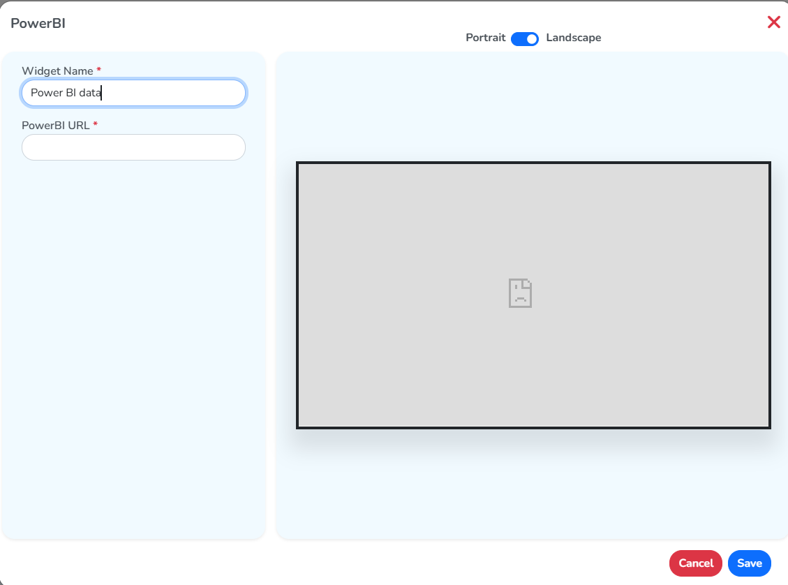 The Add New window for a PowerBI widget, with the name and PowerBI URL fields