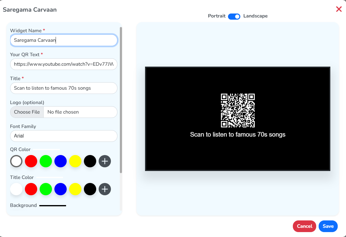 The Add New window for a QR Generator widget, with the name, QR text, title and logo fields on the left and the generated QR code on the right