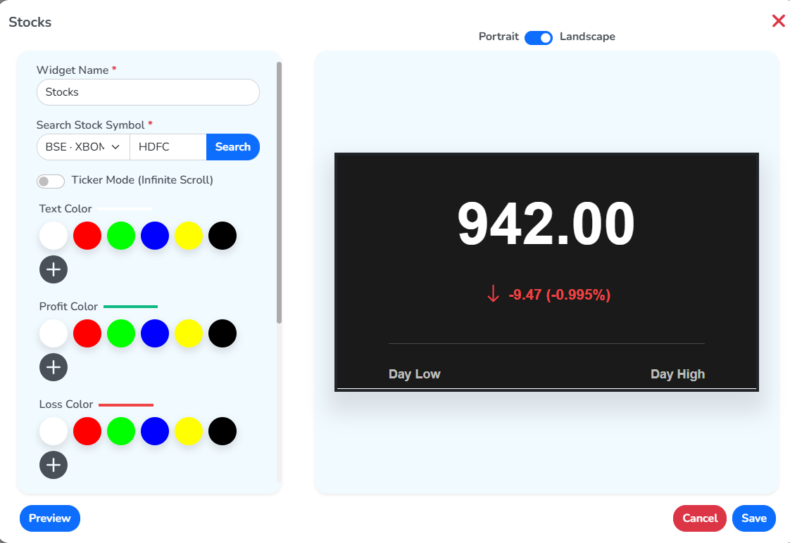 The Add New window for a Stocks widget, with the stock symbol search on the left and the live price in the preview on the right