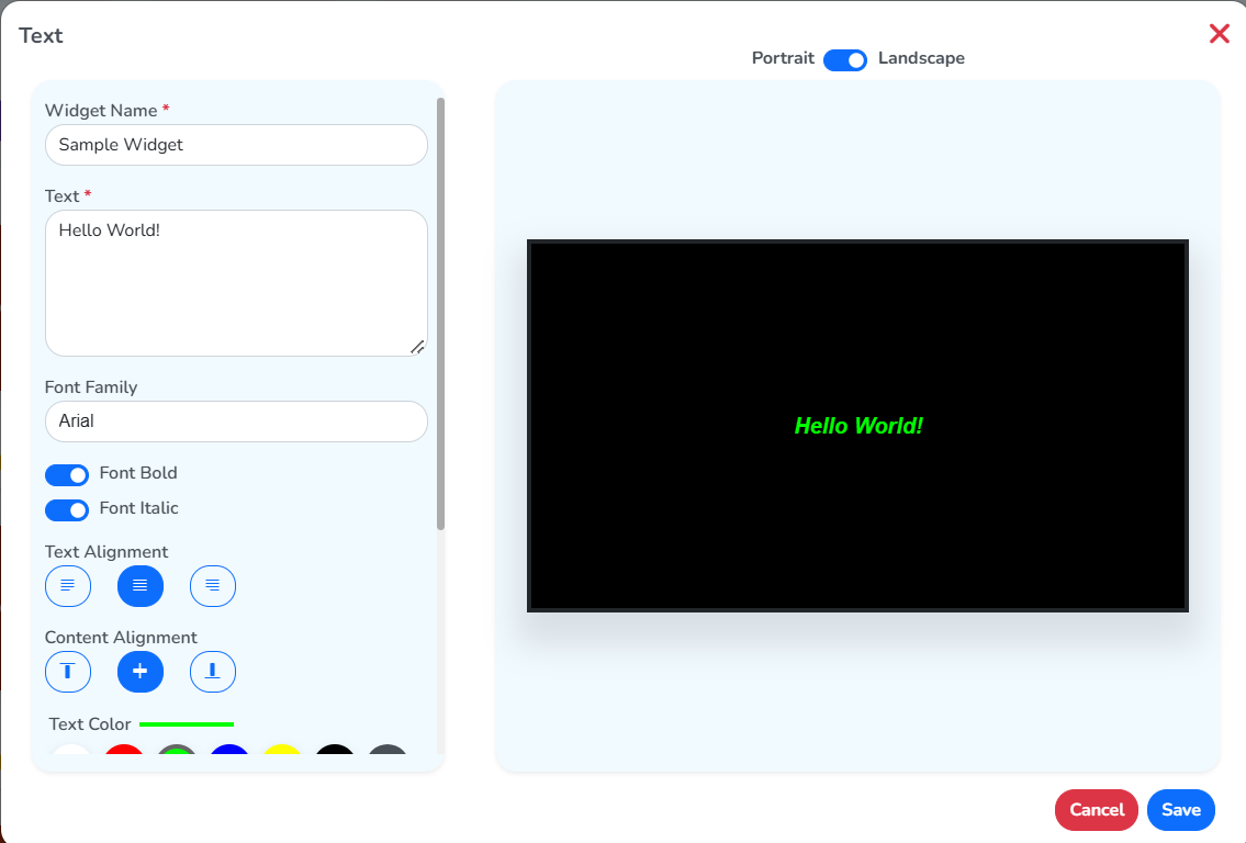 The Add New window for a Text widget, with the name, text and font settings on the left and the styled preview on the right