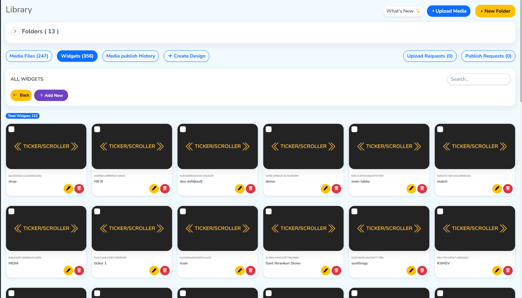 The Ticker/Scroller type opened, with Add New above the widgets built from it