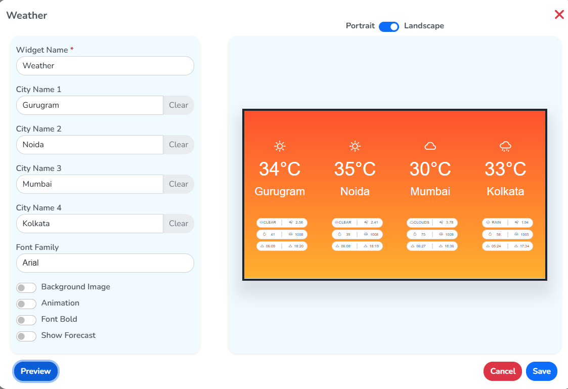 The Add New window for a Weather widget, with the widget name and city fields on the left and the forecast preview on the right