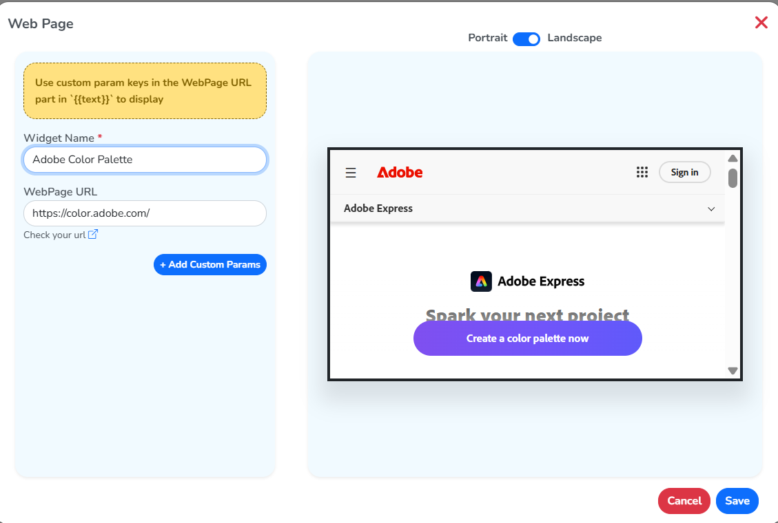 The Add New window for a Web Page widget, with the name and URL fields on the left and the live preview on the right