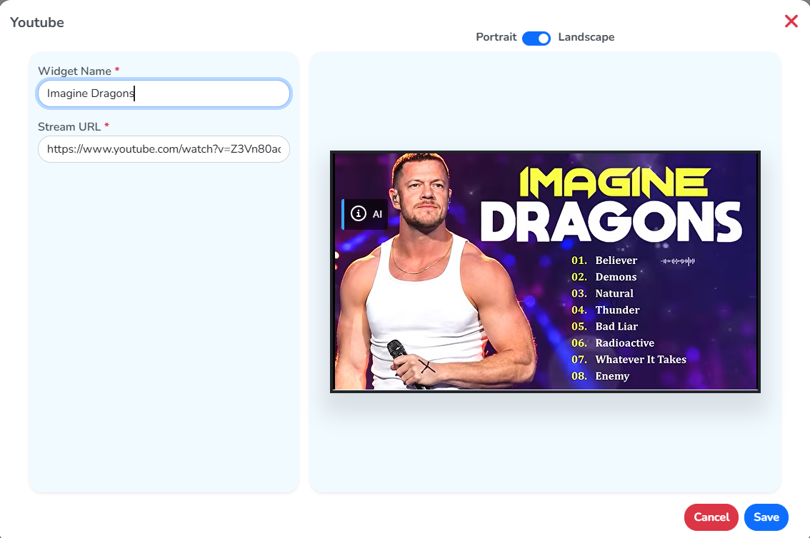 The Add New window for a YouTube widget, with the name and stream URL on the left and the video preview on the right