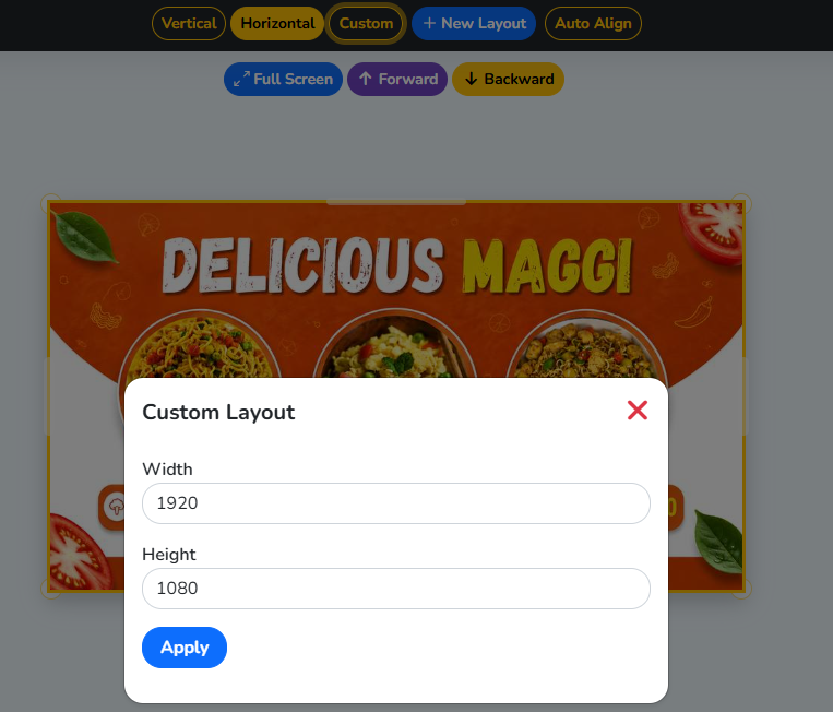 The Custom Layout panel, with width and height fields