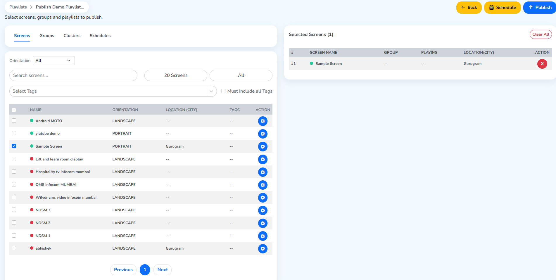 Sample Screen selected for publishing, with the Schedule option at the top right
