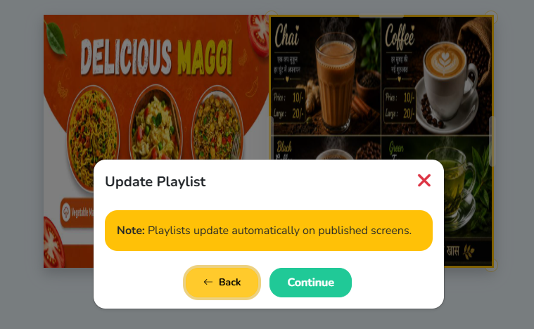The Update Playlist panel, with a note about screens updating automatically