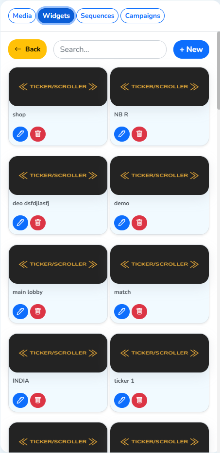 The list of widgets for a type, with edit and delete options on each tile