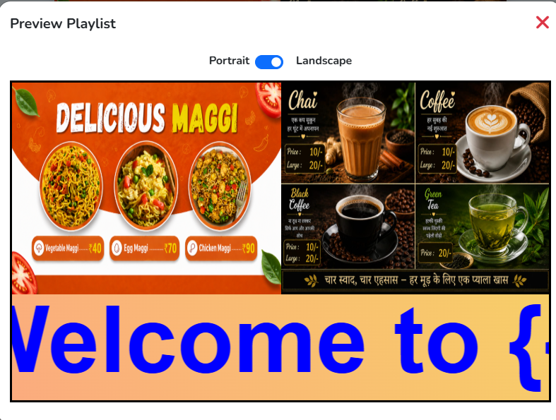 The Preview Playlist panel, with the ticker widget playing