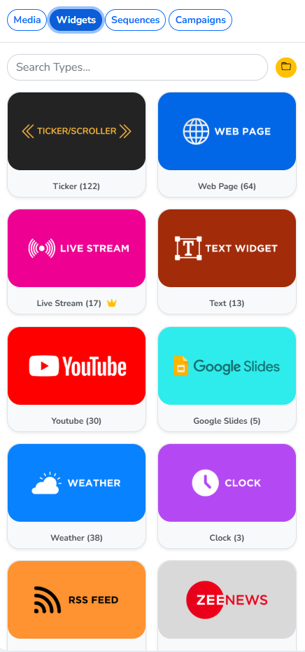 The Widgets tab, with a tile for each widget type