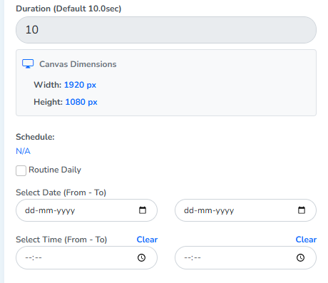 The read-only Duration and Canvas Dimensions fields