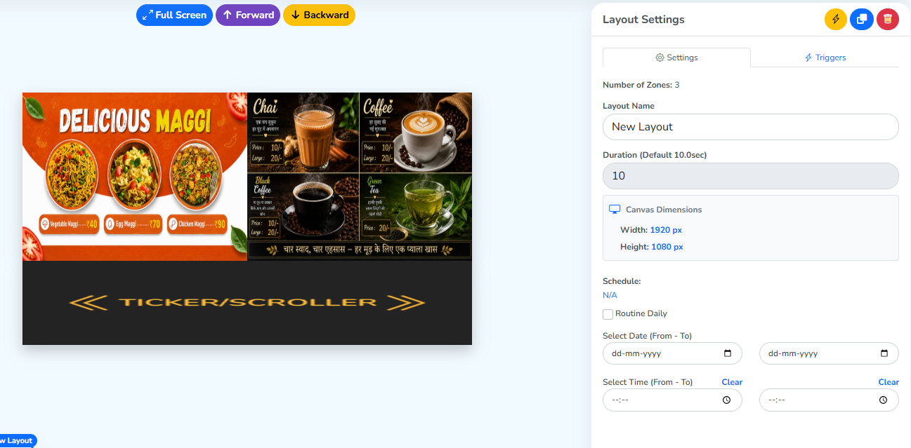 A layout with content, no zone selected, and Layout Settings still in the right panel