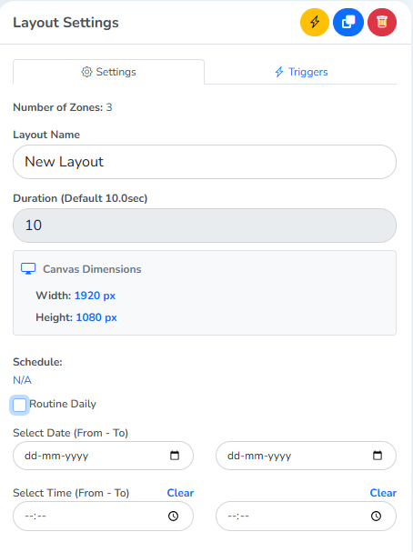 The copy and delete icons above Layout Settings
