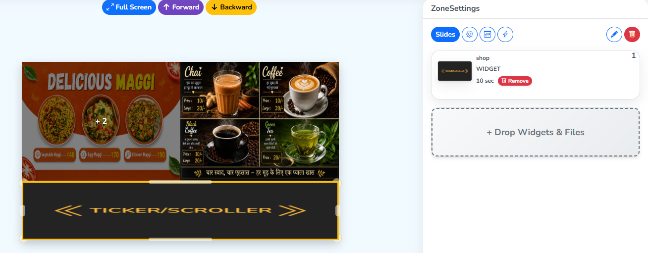 A widget selected on the layout, with an edit icon beside the delete icon in Zone Settings