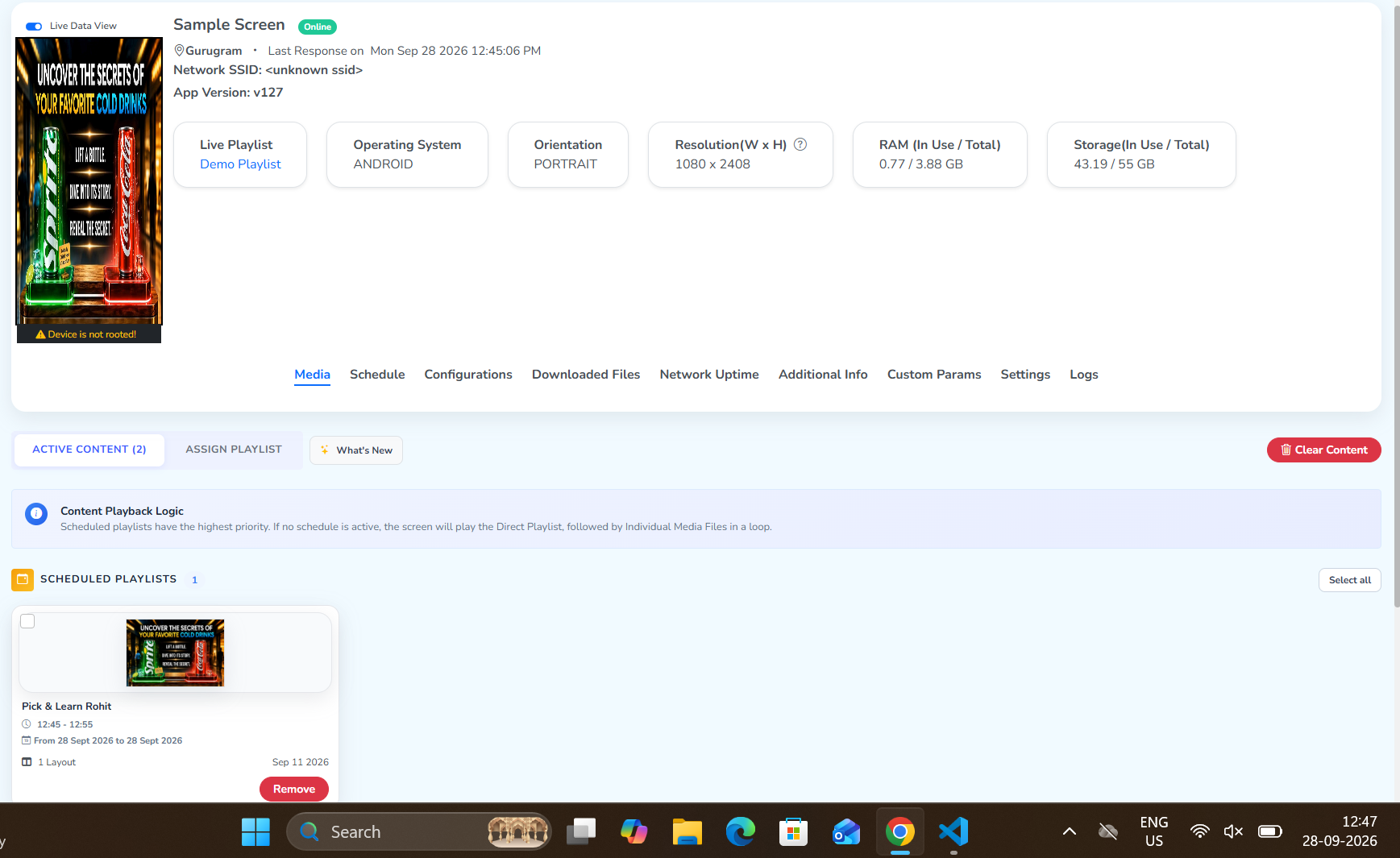 Live Data View on Sample Screen, with Pick & Learn Rohit playing during its scheduled time