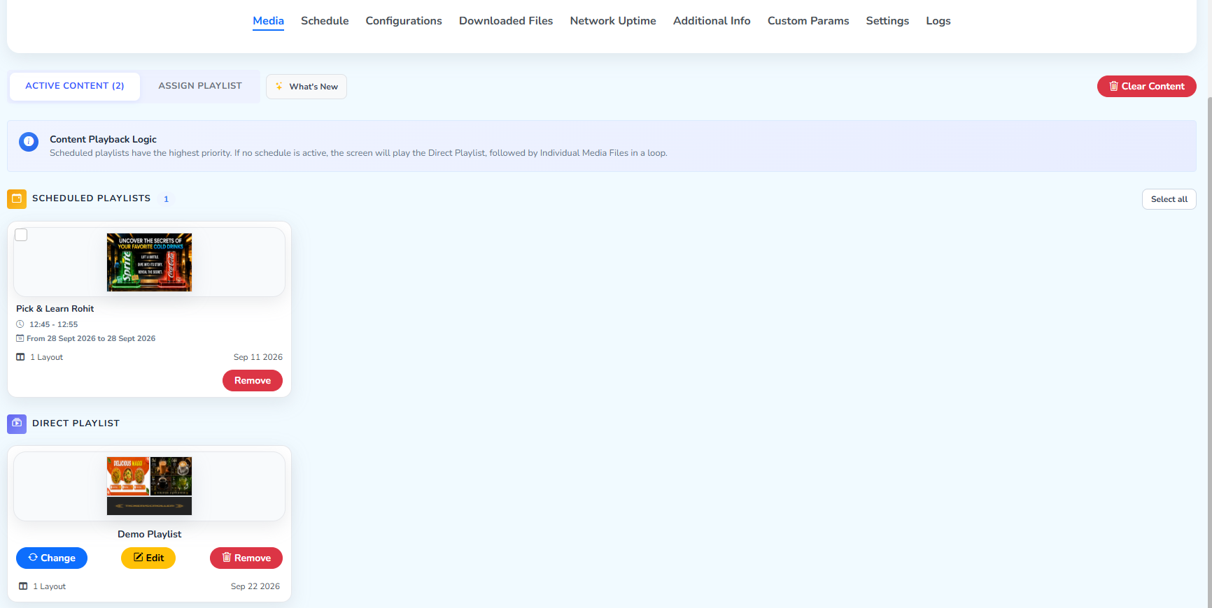 The Media tab on Sample Screen, with a Scheduled Playlists section above the Direct Playlist