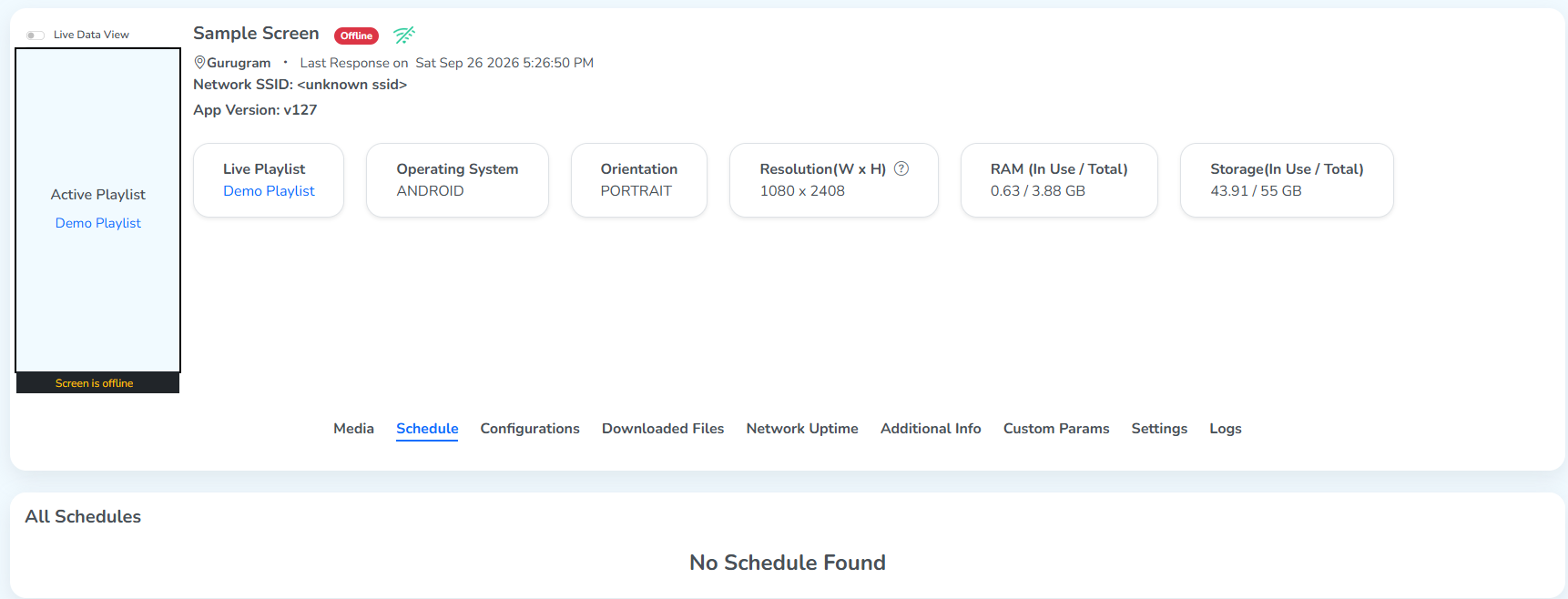 The Schedule tab on Sample Screen, with All Schedules showing No Schedule Found