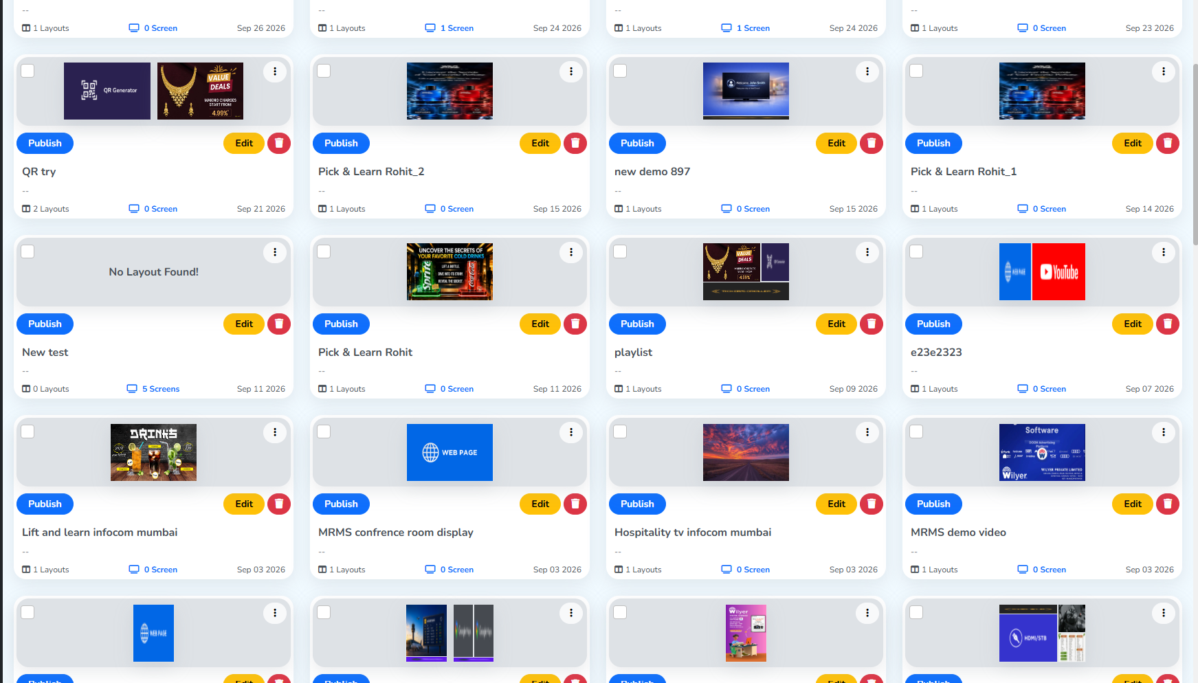 The Publish button on the Pick & Learn Rohit tile in the Playlists grid