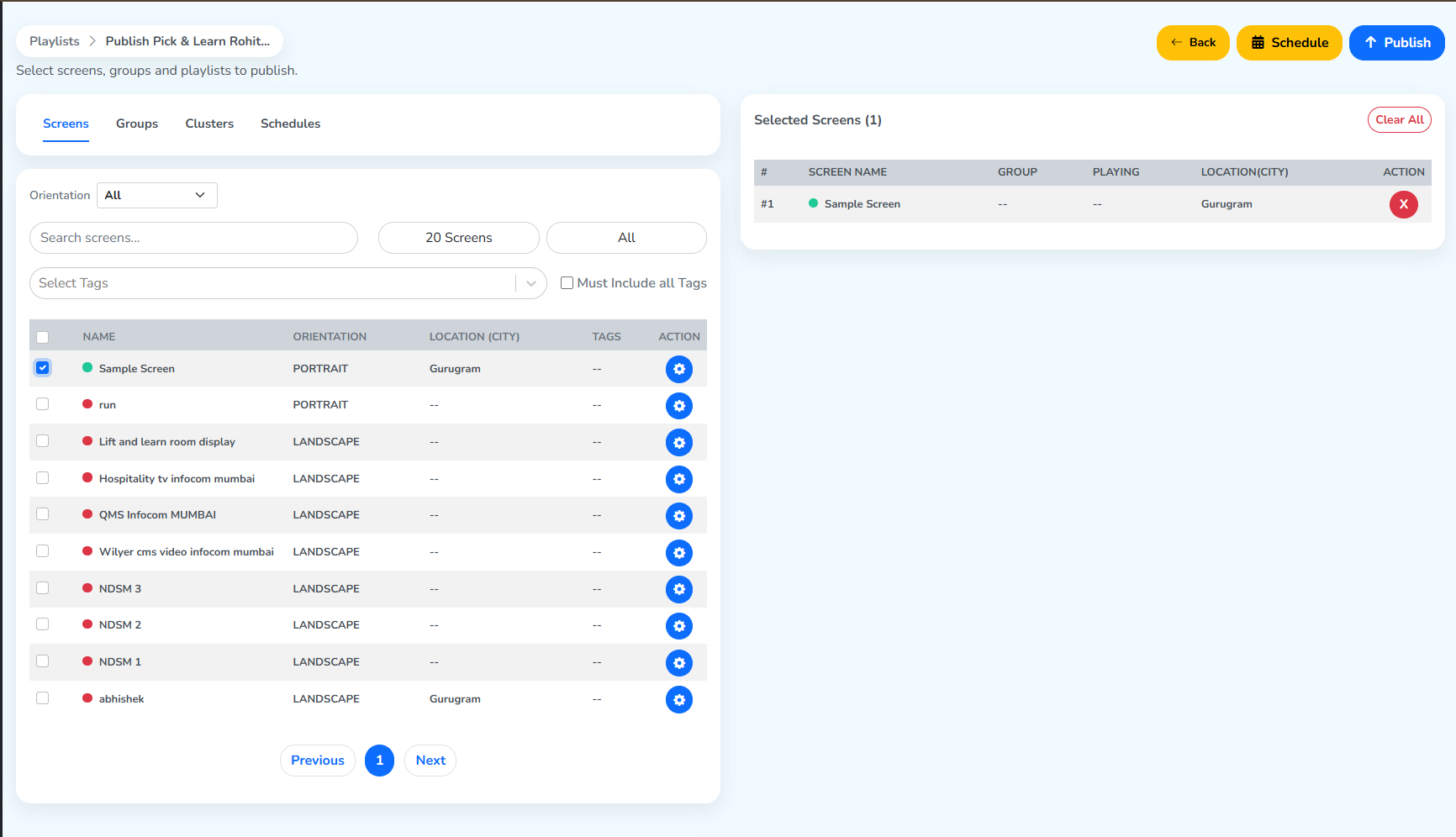 Sample Screen selected as the target screen, with the Schedule option at the top right