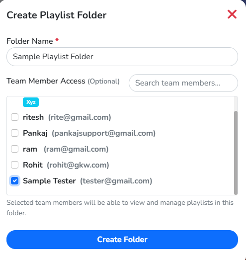 The Create Playlist Folder panel filled in, with one team member's access ticked