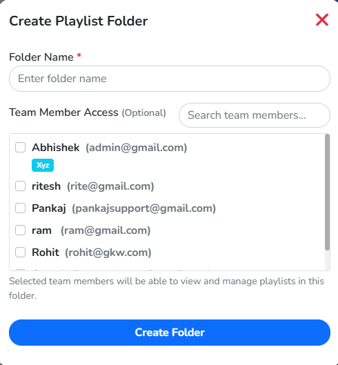 The Create Playlist Folder panel, with a name field and team member access list