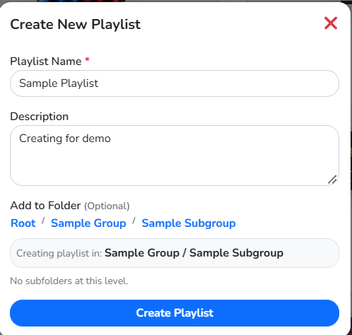 The Create New Playlist panel, with name, description and folder fields