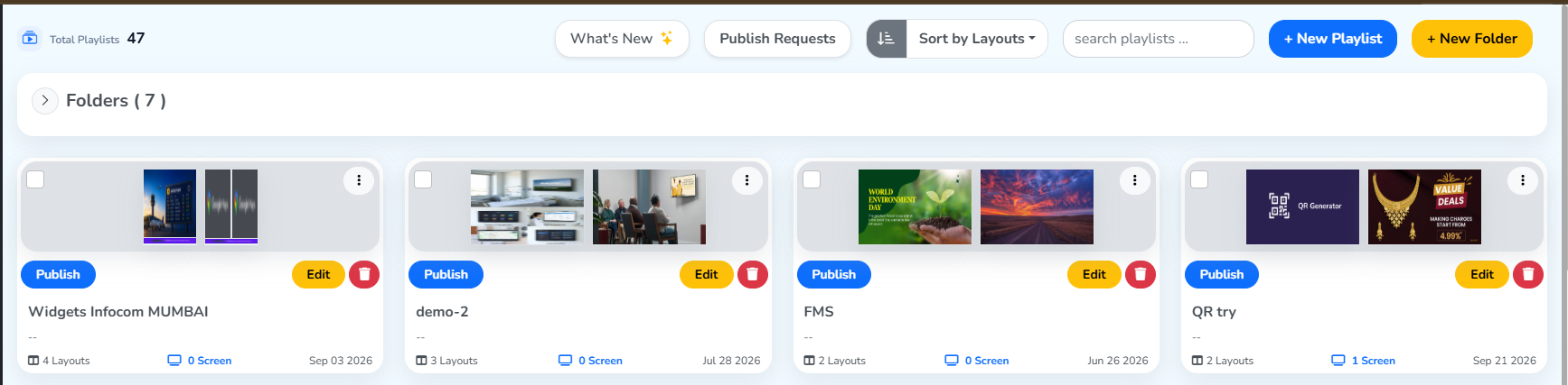 Playlists sorted by layout count, with the direction arrow beside the sort menu