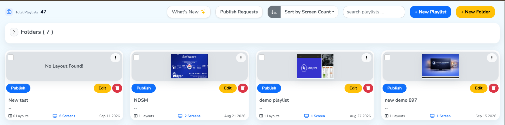 Playlists sorted by screen count, with the direction arrow beside the sort menu