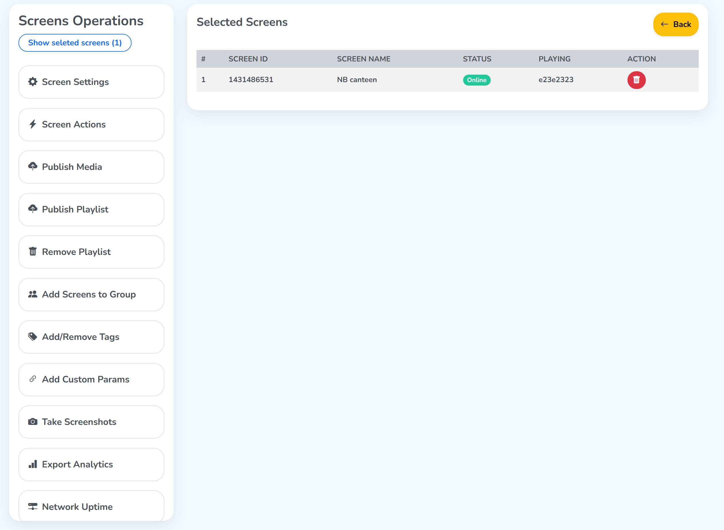 The Screens Operations page, with the eleven operations listed down the left and the selected screen on the right