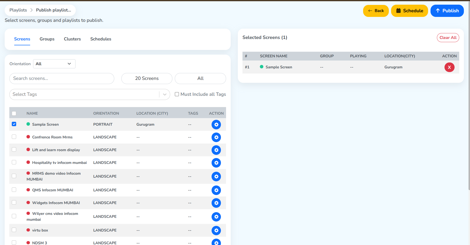 The Publish playlist page with one screen ticked in the list, the same screen under Selected Screens on the right, and the Publish button at the top right