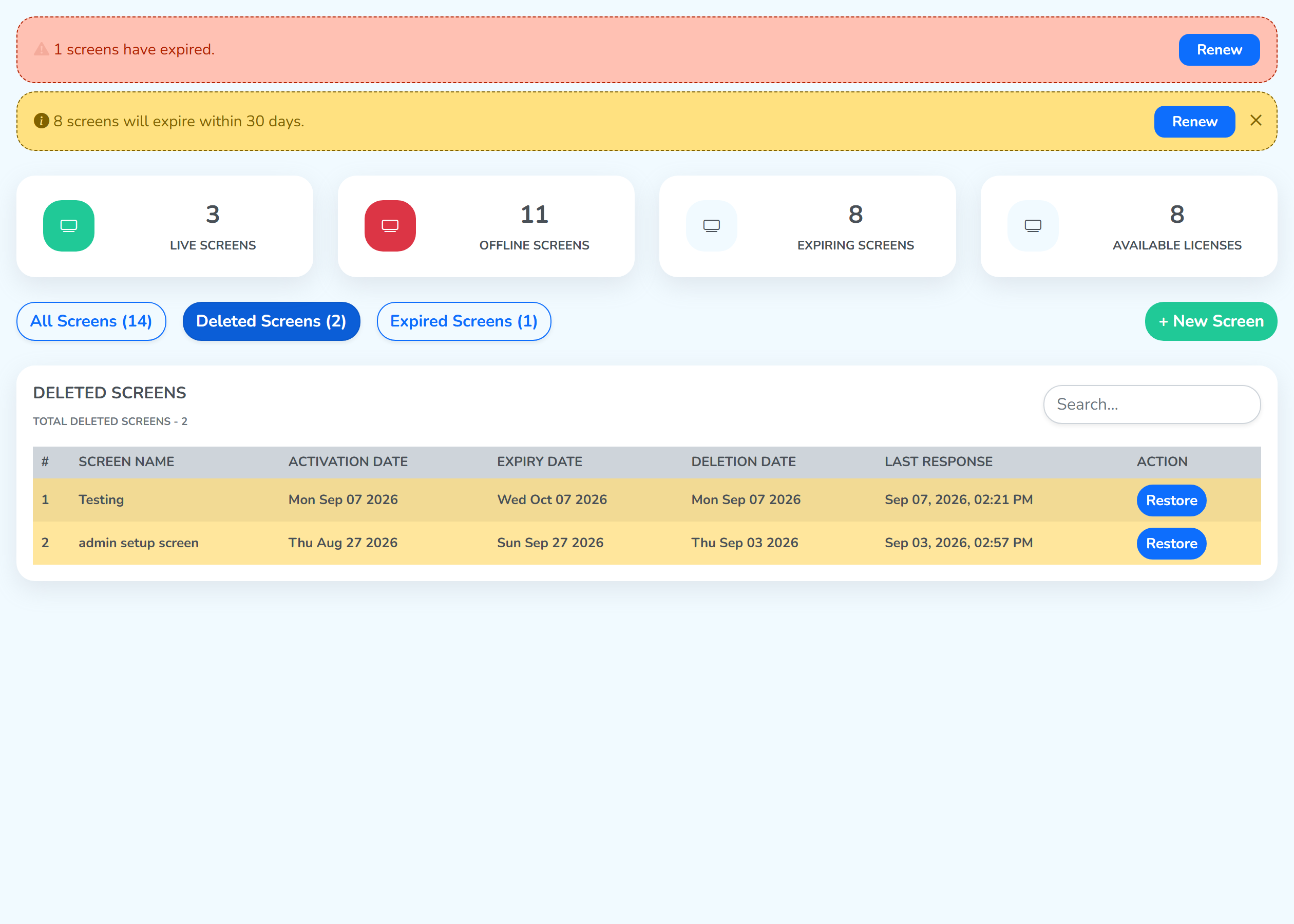 The Deleted Screens list, with the Restore button on each row