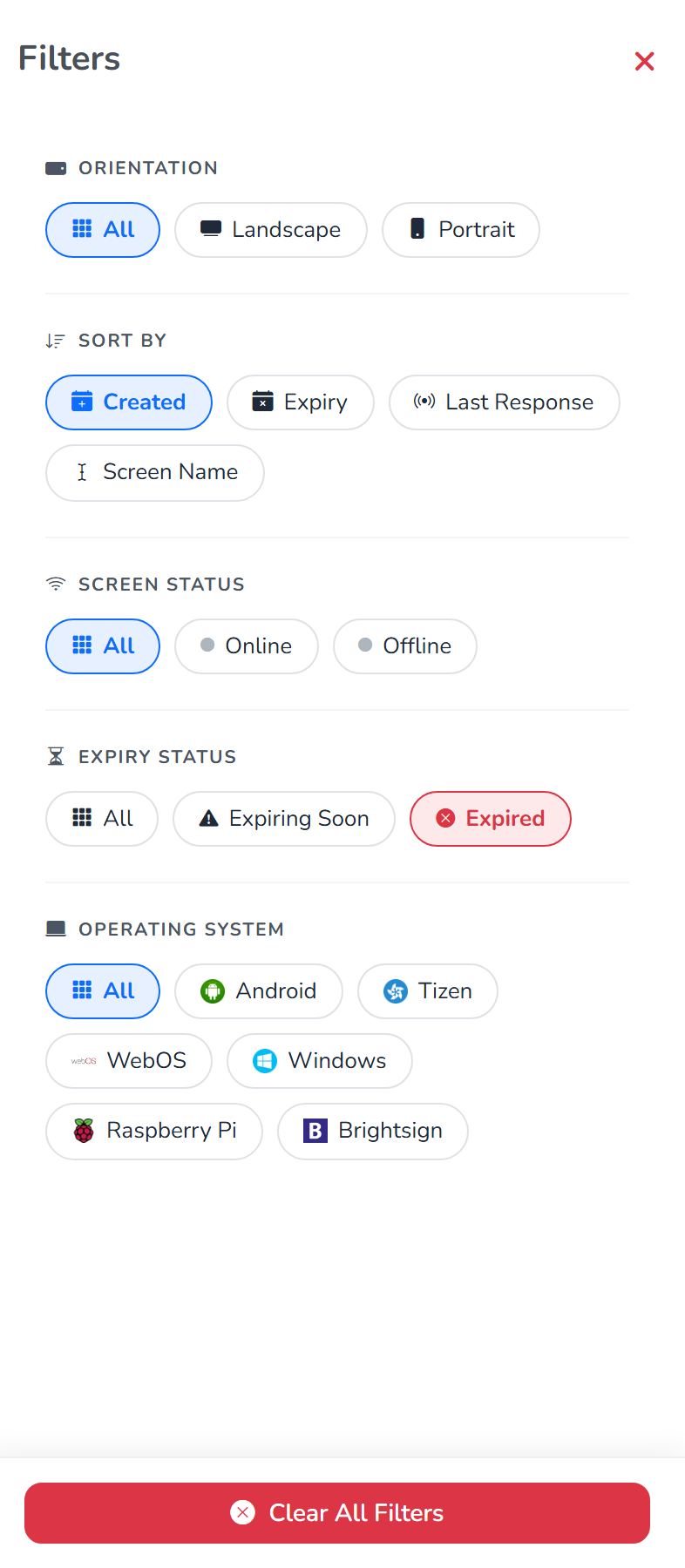 The Filters panel with Expired picked under Expiry Status, and the red Clear All Filters bar across the foot of the panel