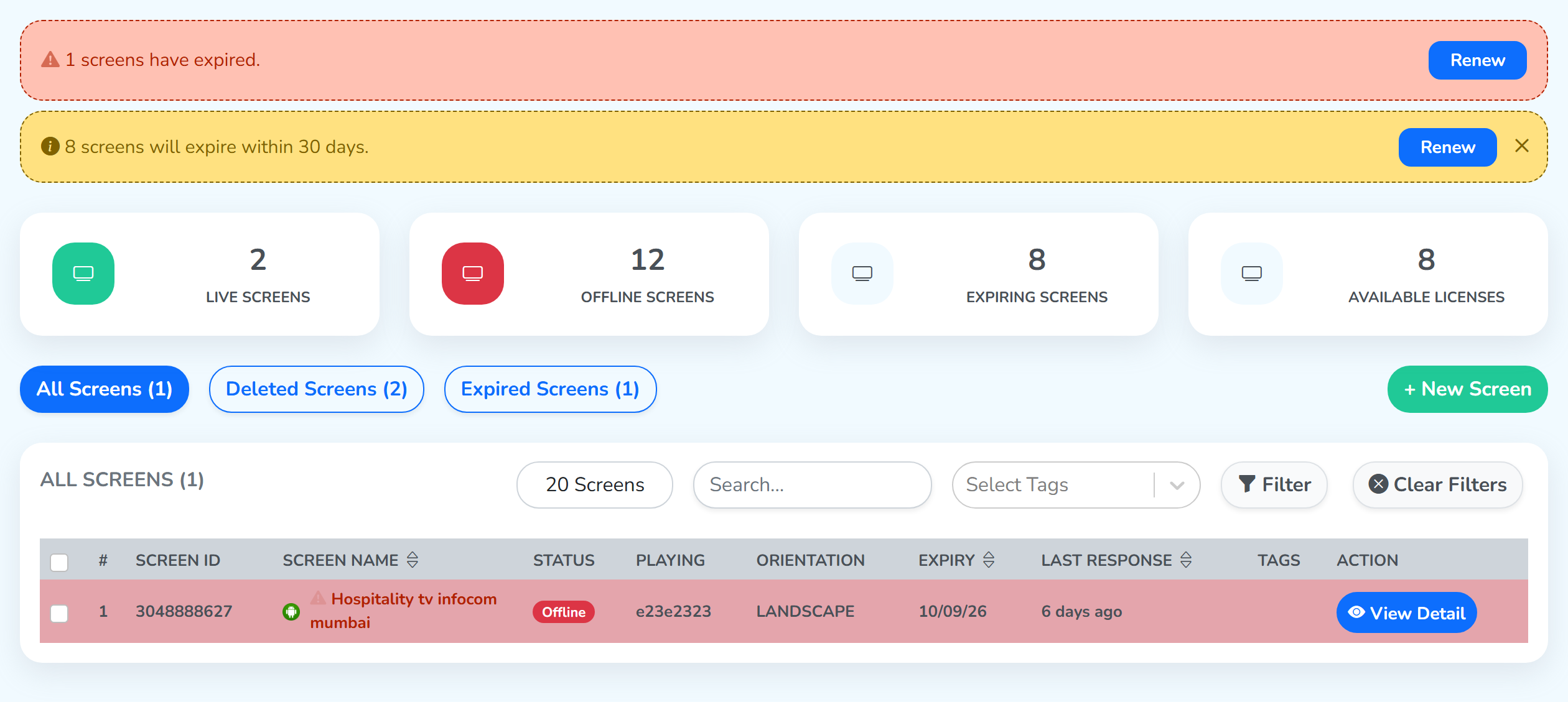 The All Screens list filtered to Expired: a single red row with an expiry date of 10/09/26, and the tab reading All Screens (1)