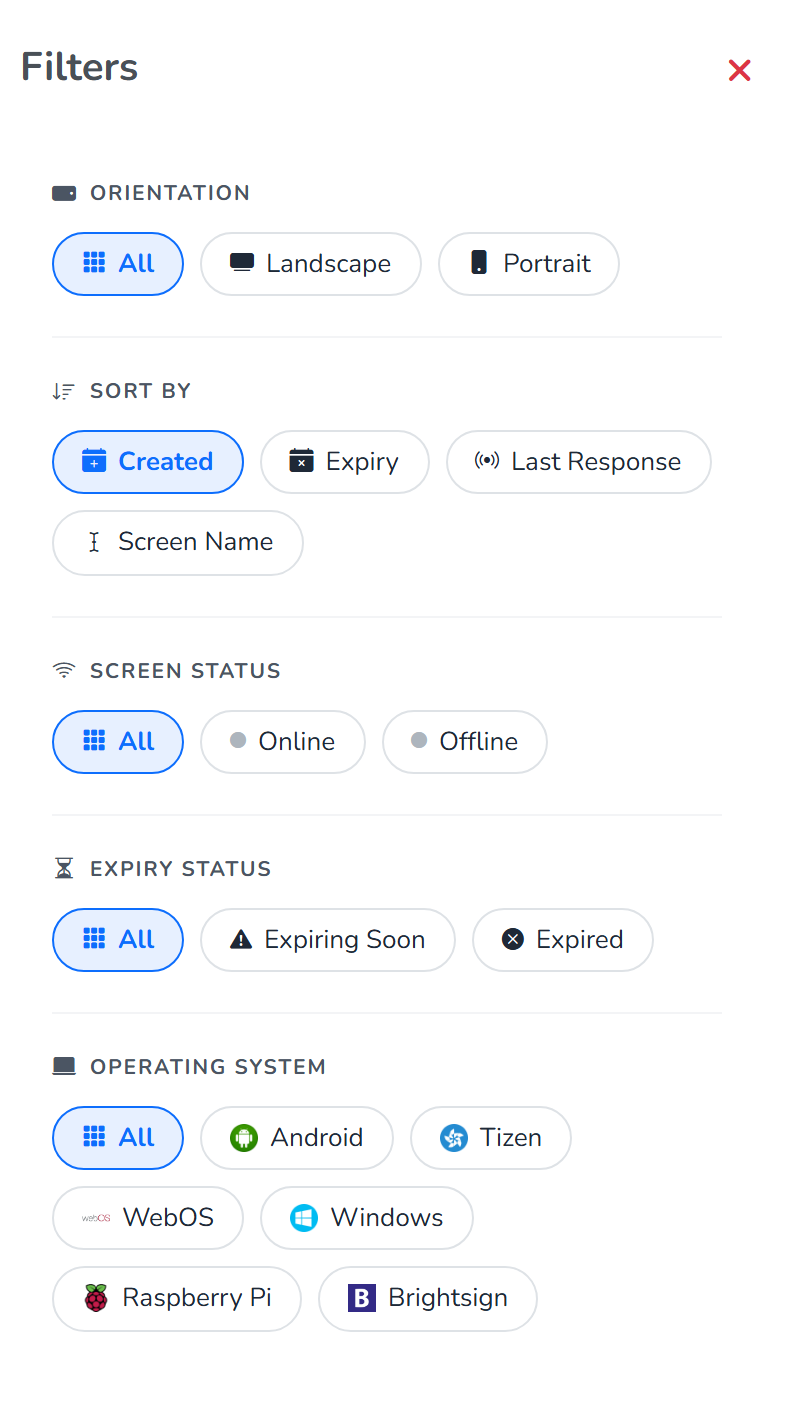 The Filters panel open from the right, with Orientation, Sort By, Screen Status, Expiry Status and Operating System, each on All