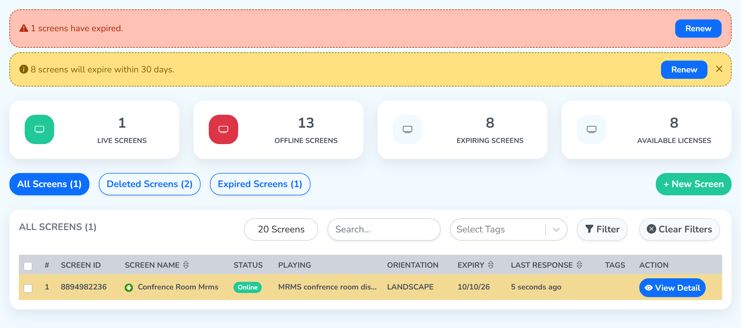 The All Screens list filtered to Online: a single row reading Online in the status column, with the tab reading All Screens (1)