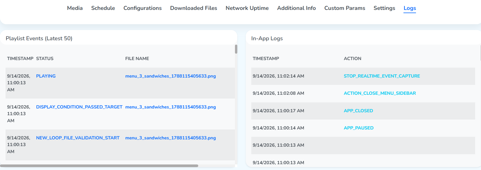 The Logs tab open on a screen, underlined among the nine tabs, with two cards side by side: Playlist Events (Latest 50) listing timestamps, statuses and file names, and In-App Logs listing timestamps and actions