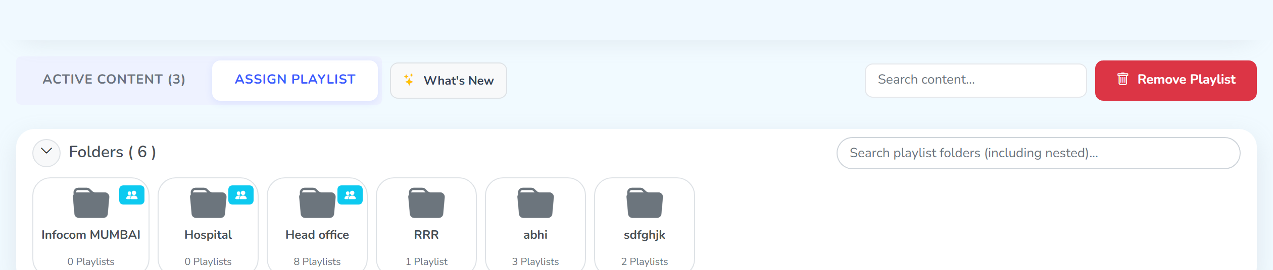 The Assign Playlist picker on Sample Screen: the ASSIGN PLAYLIST tab, the red Remove Playlist button, and the folder strip reading Folders ( 6 )