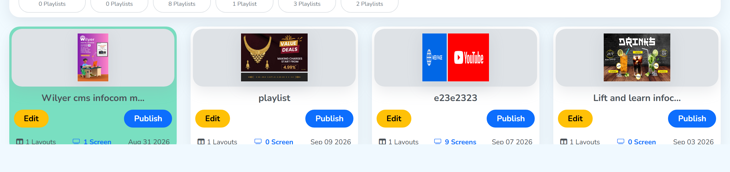 The playlist tiles below the folder strip, each with an Edit and a Publish button; the tile currently on the screen is tinted green