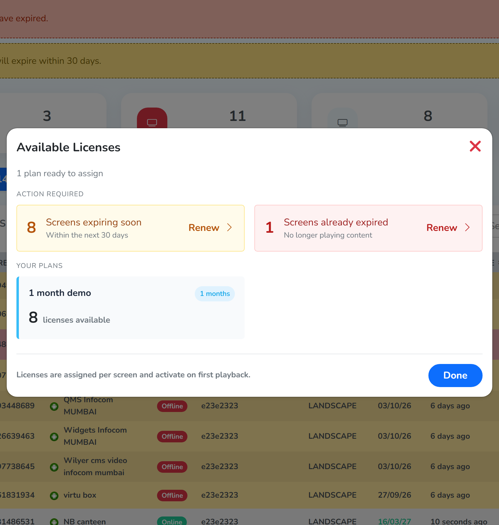 The Available Licenses window, listing screens expiring soon, screens already expired, and the plans left to assign