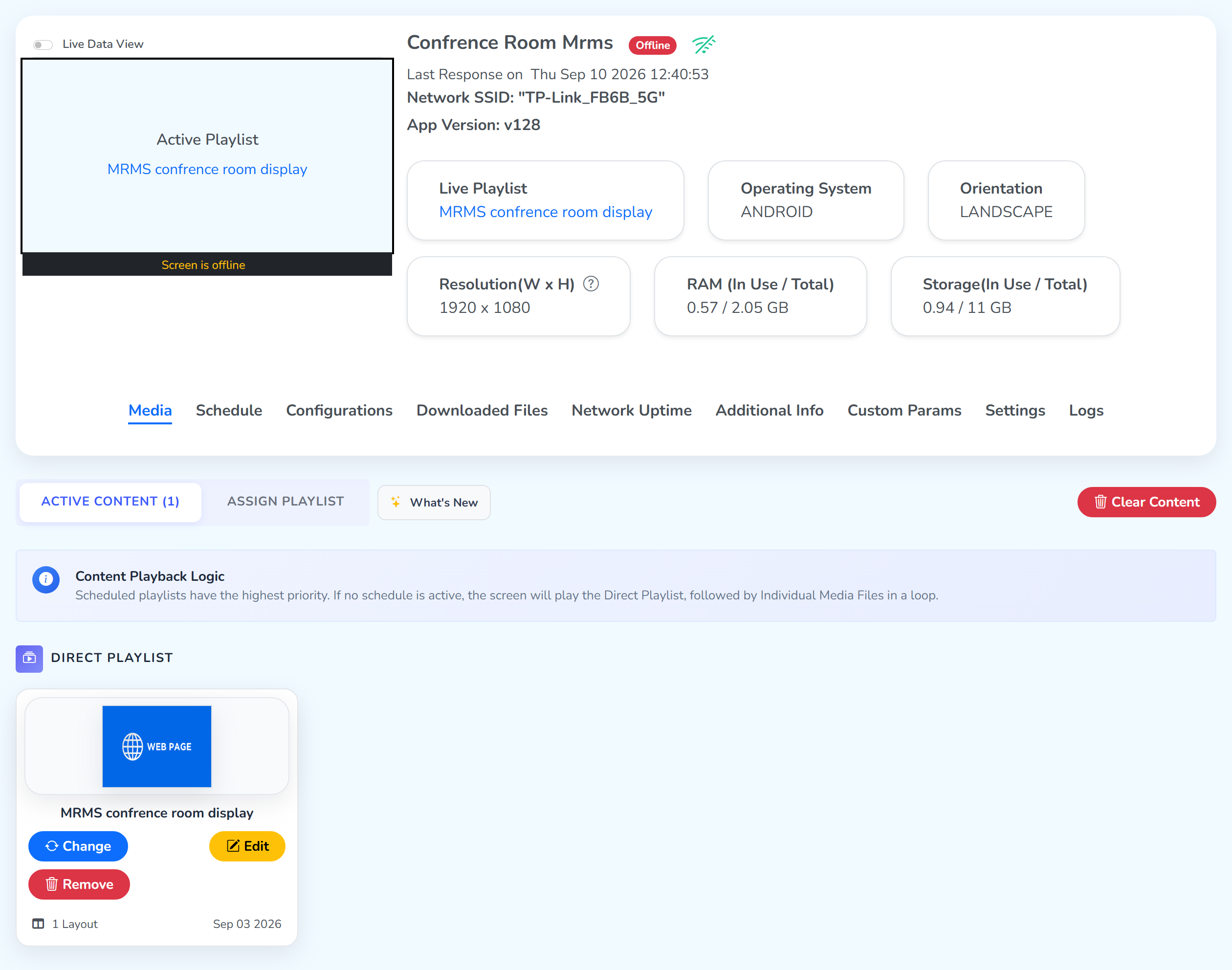 A screen's own page, with the nine settings tabs across the middle