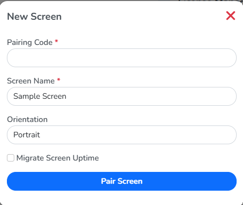 The Transfer License dialog, with Pairing Code, Screen Name pre-filled as Sample Screen, Orientation set to Portrait, the Migrate Screen Uptime checkbox, and the Pair Screen button