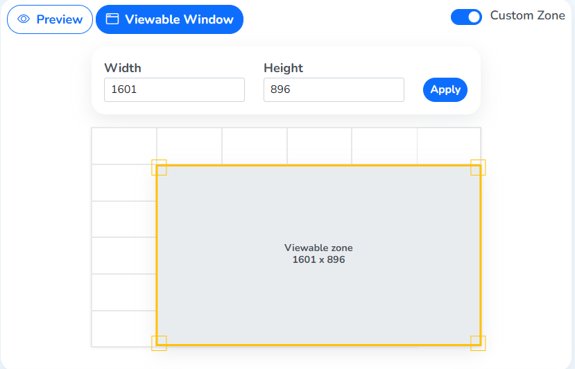 The Viewable Window panel with Custom Zone switched on: Width and Height fields with an Apply button, and a yellow Viewable zone box drawn over part of the grid