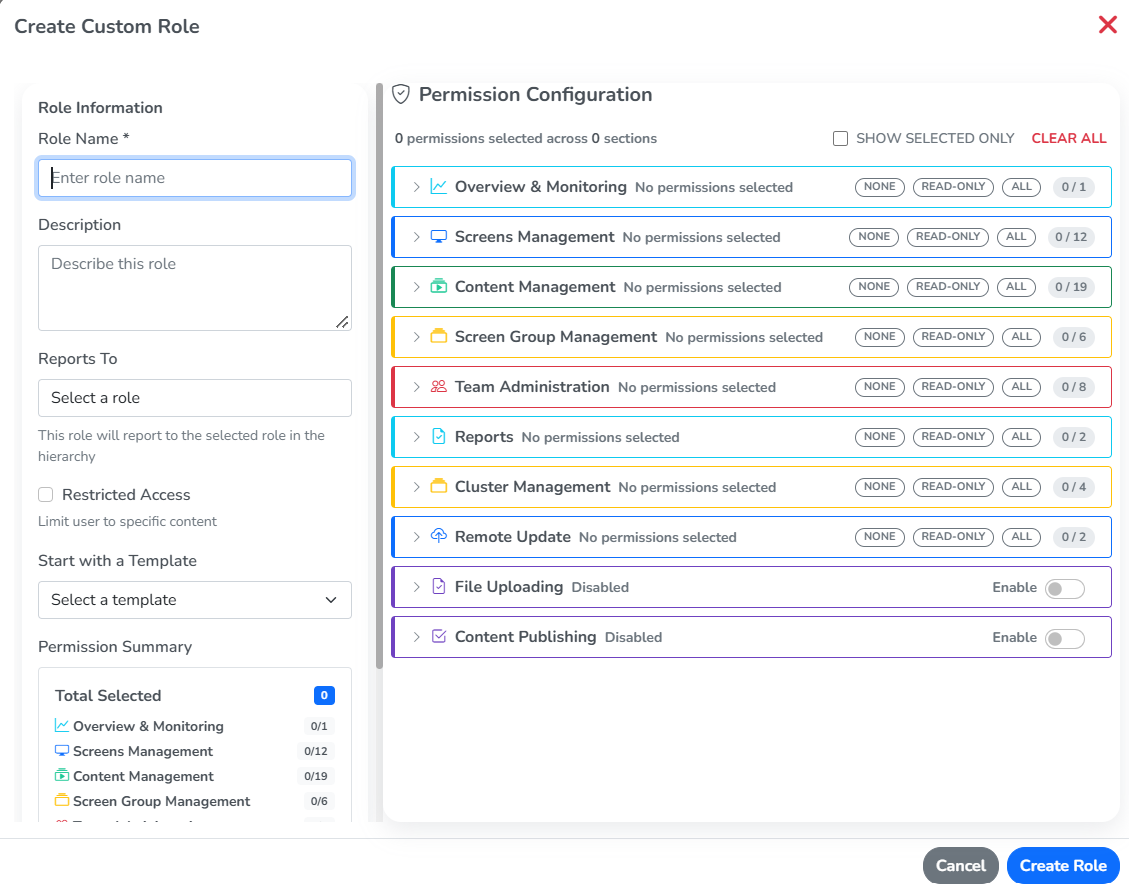 The Create Custom Role panel, with Role Information on the left and Permission Configuration on the right