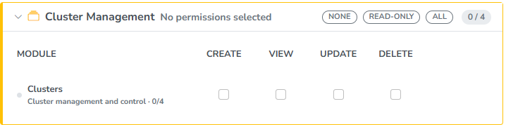 The Cluster Management module, with Create, View, Update and Delete for clusters