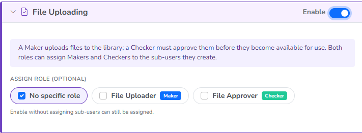 The File Uploading module enabled, with No specific role, File Uploader and File Approver options